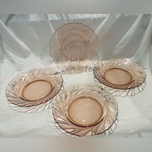 Set (4) Vereco France Pink Swirl Pattern Etched Glass Salad Plates.